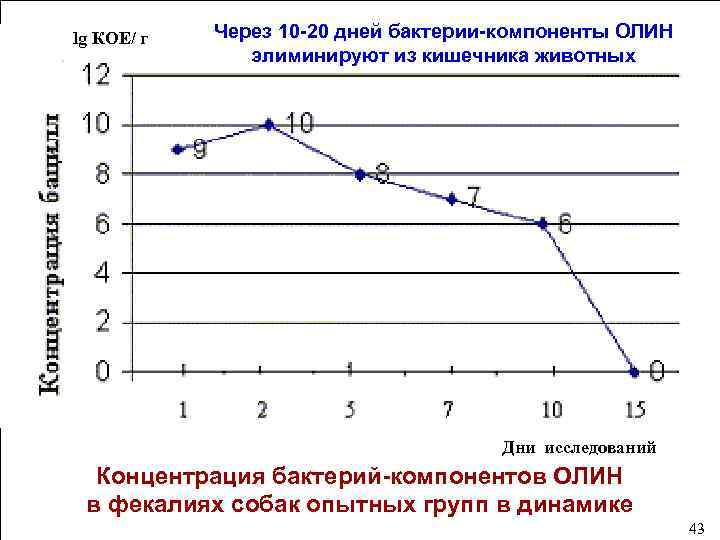 lg КОЕ/ г Через 10 -20 дней бактерии-компоненты ОЛИН элиминируют из кишечника животных Дни