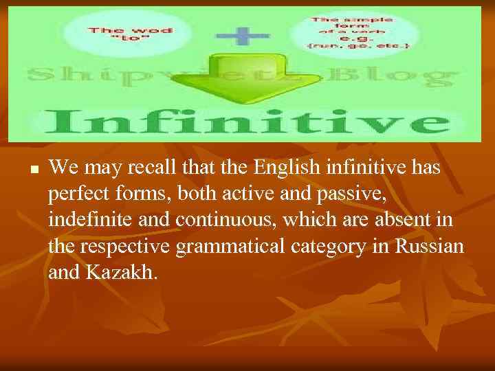 n We may recall that the English infinitive has perfect forms, both active and