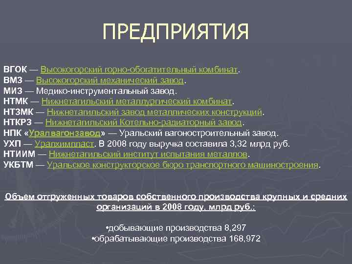 ПРЕДПРИЯТИЯ ВГОК — Высокогорский горно-обогатительный комбинат. ВМЗ — Высокогорский механический завод. МИЗ — Медико-инструментальный