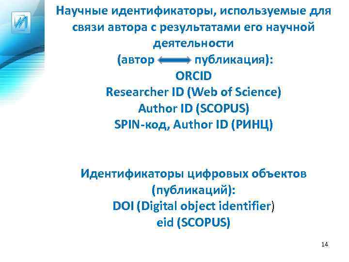 Научные идентификаторы, используемые для связи автора с результатами его научной деятельности (автор публикация): ORCID