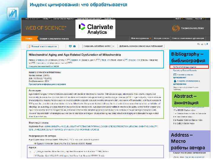 Индекс цитирования: что обрабатывается Bibliography – библиография Abstract – аннотация Address – Место работы