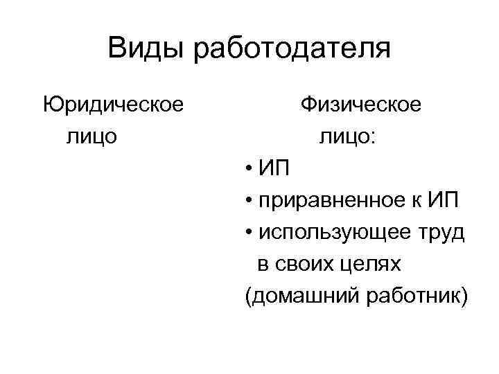 Виды работодателя Юридическое лицо Физическое лицо: • ИП • приравненное к ИП • использующее