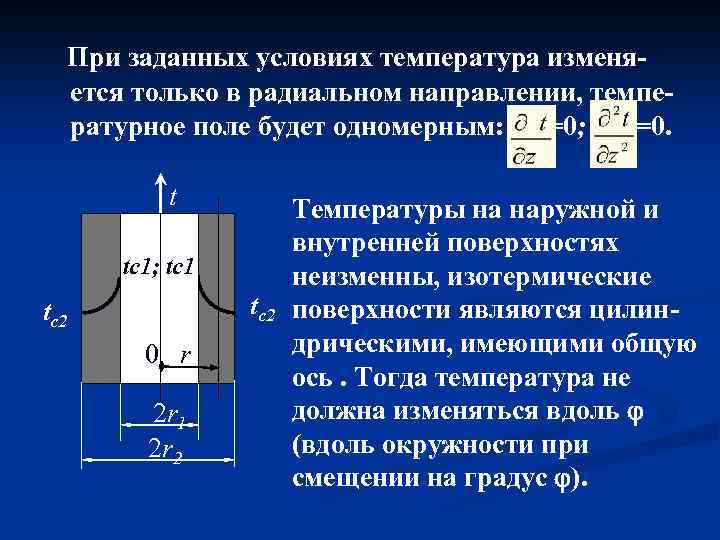 При заданных условиях температура изменяется только в радиальном направлении, температурное поле будет одномерным: =0;