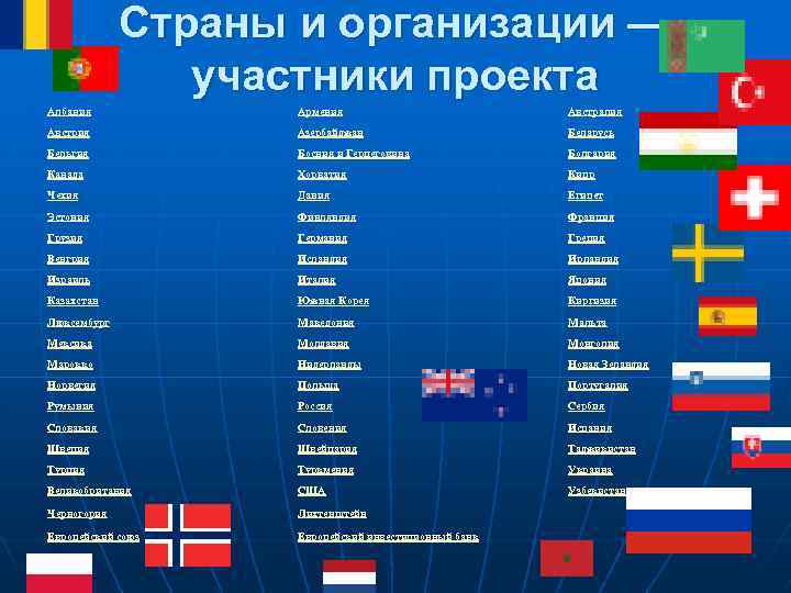 Страны и организации — участники проекта Албания Армения Австралия Австрия Азербайджан Беларусь Бельгия Босния