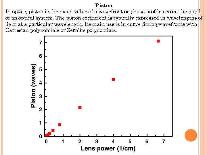 Piston In optics, piston is the mean value of a wavefront or phase profile