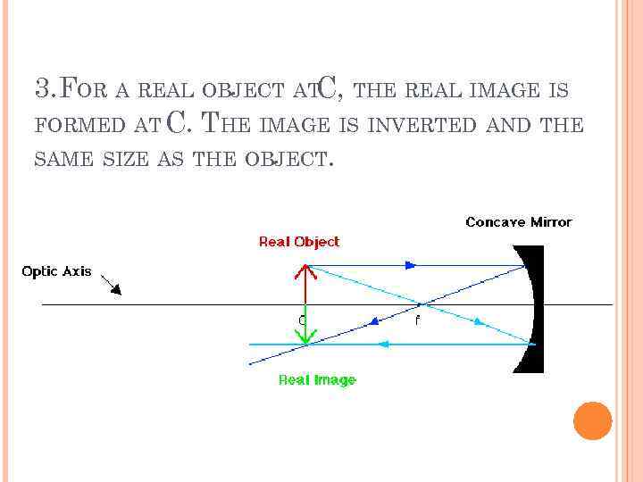 3. FOR A REAL OBJECT ATC, THE REAL IMAGE IS FORMED AT C. THE