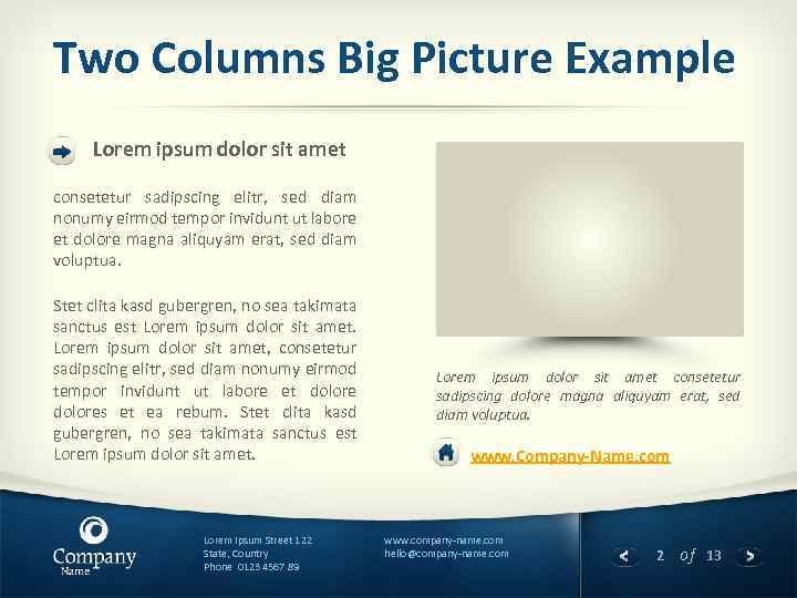 Two Columns Big Picture Example Lorem ipsum dolor sit amet consetetur sadipscing elitr, sed