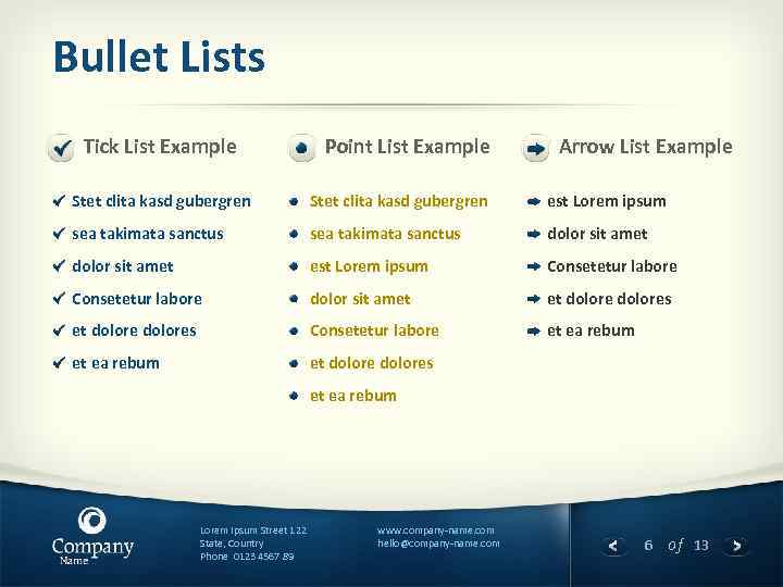 Bullet Lists Tick List Example Point List Example Arrow List Example Stet clita kasd