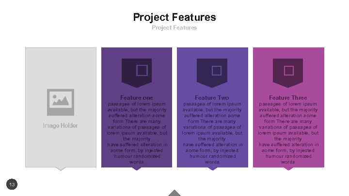 Project Features Feature one 13 Feature Two Feature Three passages of lorem ipsum available,