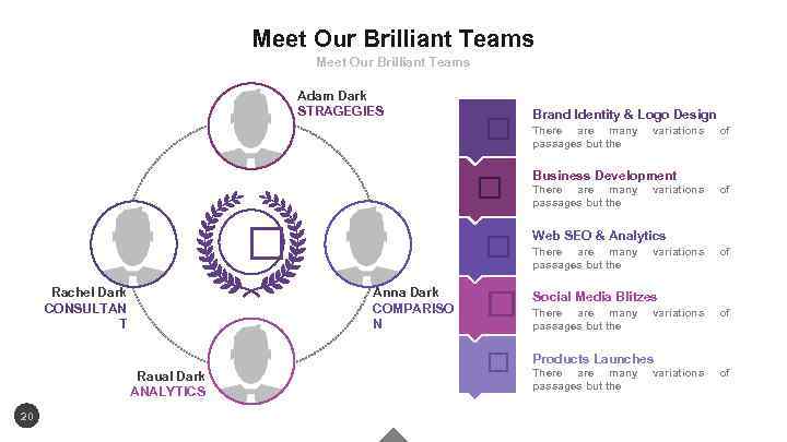 Meet Our Brilliant Teams Adam Dark STRAGEGIES Rachel Dark CONSULTAN T 20 There are