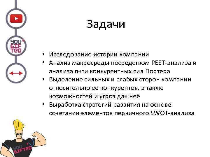 Задачи • Исследование истории компании • Анализ макросреды посредством PEST-анализа и анализа пяти конкурентных