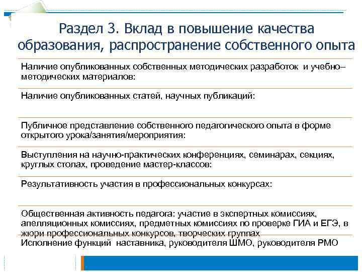 Раздел 3. Вклад в повышение качества образования, распространение собственного опыта Наличие опубликованных собственных методических