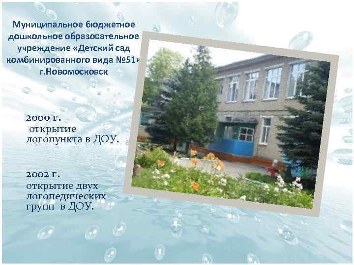 Муниципальное бюджетное дошкольное образовательное учреждение «Детский сад комбинированного вида № 51» г. Новомосковск 2000