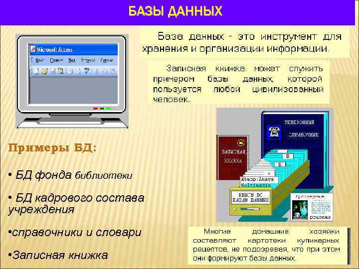 БАЗЫ ДАННЫХ Примеры БД: • БД фонда библиотеки • БД кадрового состава учреждения •