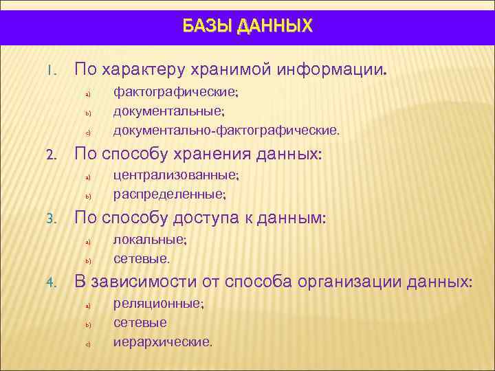 БАЗЫ ДАННЫХ 1. По характеру хранимой информации. a) b) c) 2. По способу хранения