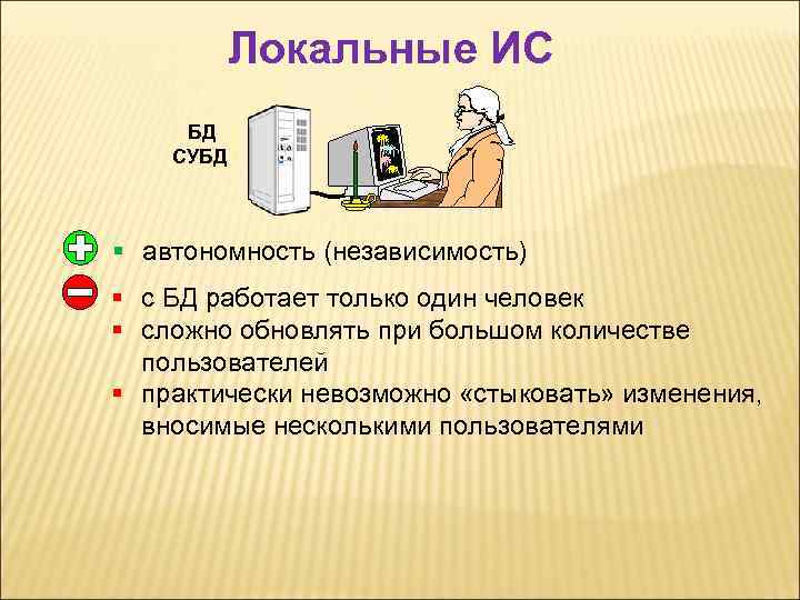 Локальные ИС БД СУБД § автономность (независимость) § с БД работает только один человек