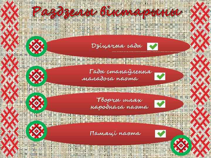 Раздзелы віктарыны Дзіцячыя гады Гады станаўлення маладога паэта Творчы шлях народнага паэта Памяці паэта