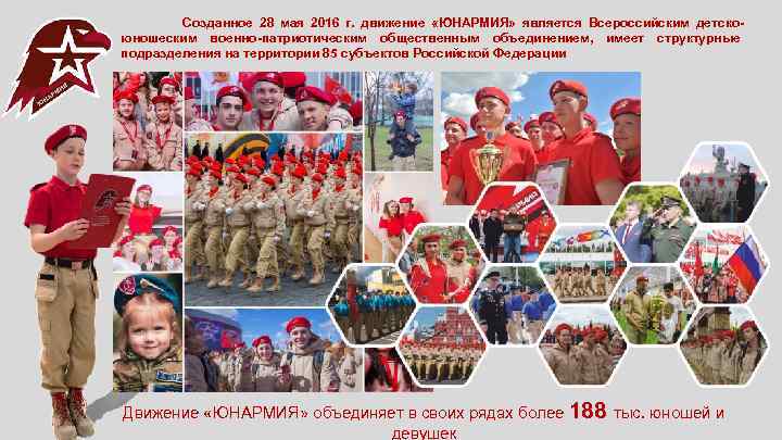 Созданное 28 мая 2016 г. движение «ЮНАРМИЯ» является Всероссийским детскоюношеским военно-патриотическим общественным объединением, имеет
