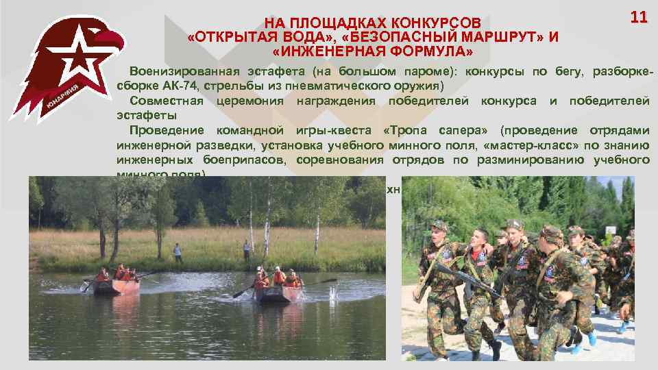 НА ПЛОЩАДКАХ КОНКУРСОВ «ОТКРЫТАЯ ВОДА» , «БЕЗОПАСНЫЙ МАРШРУТ» И «ИНЖЕНЕРНАЯ ФОРМУЛА» 11 Военизированная эстафета