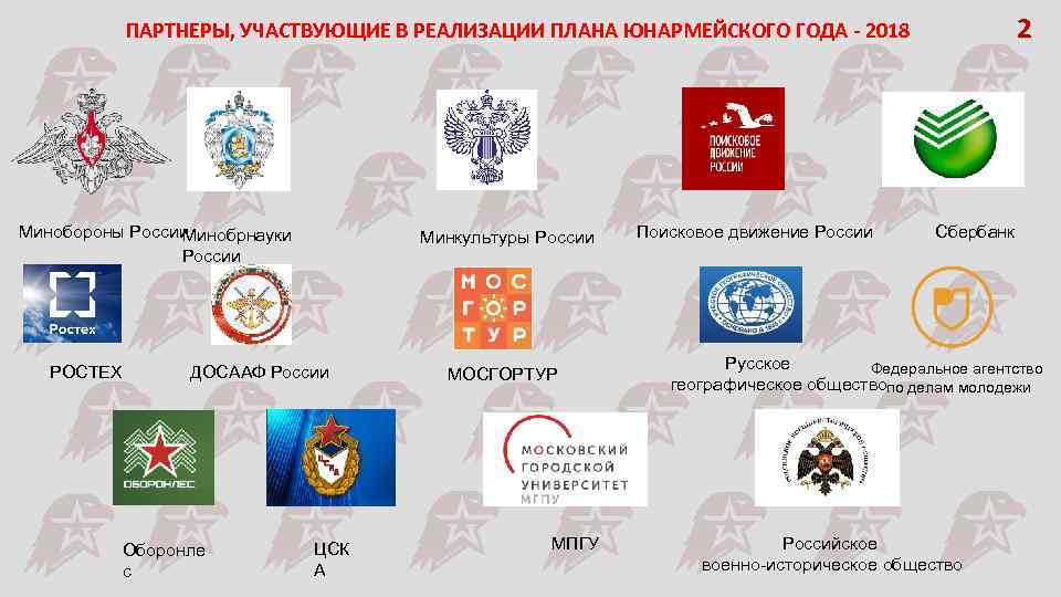 2 ПАРТНЕРЫ, УЧАСТВУЮЩИЕ В РЕАЛИЗАЦИИ ПЛАНА ЮНАРМЕЙСКОГО ГОДА - 2018 Минобороны России Минобрнауки России