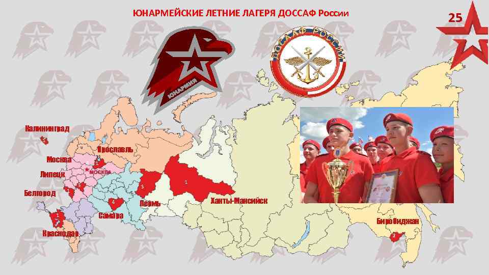 ЮНАРМЕЙСКИЕ ЛЕТНИЕ ЛАГЕРЯ ДОССАФ России 25 Калининград 1 Ярославль Москва 4 1 Липецк 1