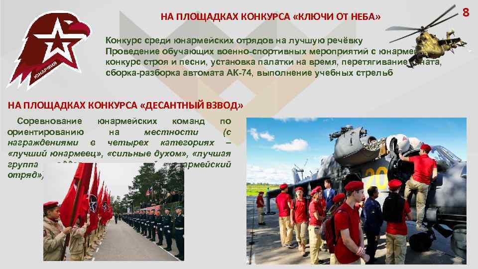 НА ПЛОЩАДКАХ КОНКУРСА «КЛЮЧИ ОТ НЕБА» Конкурс среди юнармейских отрядов на лучшую речёвку Проведение