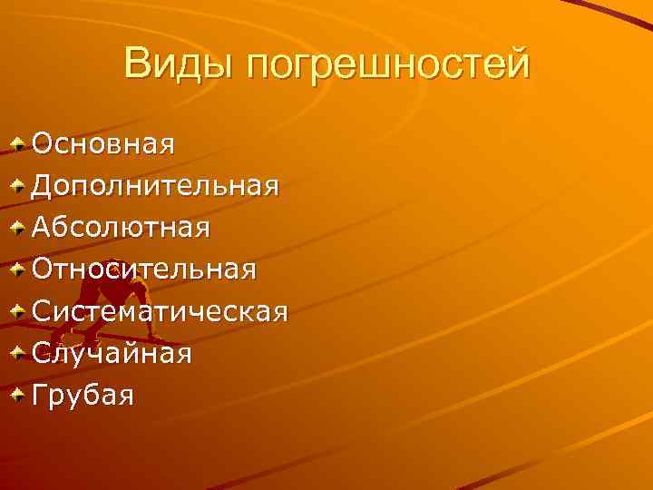Виды погрешностей Основная Дополнительная Абсолютная Относительная Систематическая Случайная Грубая 