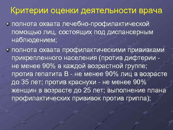 Критерии оценки деятельности врача полнота охвата лечебно-профилактической помощью лиц, состоящих под диспансерным наблюдением; полнота