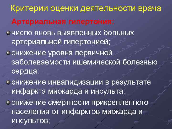 Критерии оценки деятельности врача Артериальная гипертония: число вновь выявленных больных артериальной гипертонией; снижение уровня