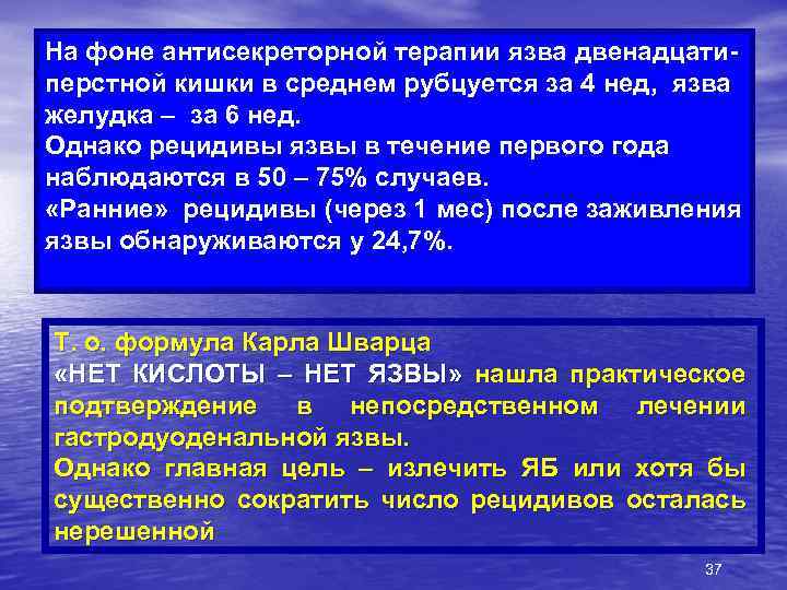 На фоне антисекреторной терапии язва двенадцатиперстной кишки в среднем рубцуется за 4 нед, язва