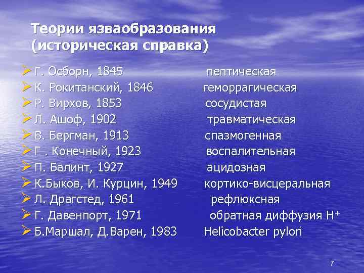 Теории язваобразования (историческая справка) Ø Г. Осборн, 1845 Ø К. Рокитанский, 1846 Ø Р.