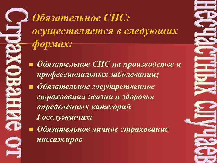 Обязательное СНС: осуществляется в следующих формах: n n n Обязательное СНС на производстве и