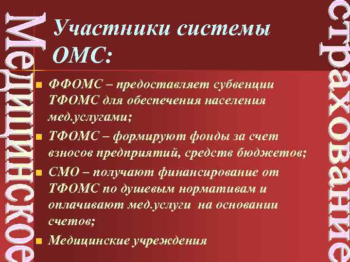 Участники системы ОМС: n n ФФОМС – предоставляет субвенции ТФОМС для обеспечения населения мед.