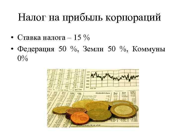 Налог на прибыль корпораций • Ставка налога – 15 % • Федерация 50 %,