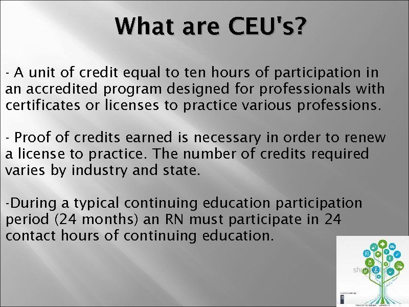 What are CEU's? - A unit of credit equal to ten hours of participation