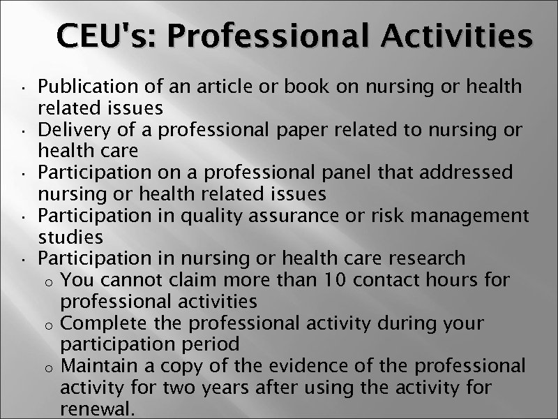 CEU's: Professional Activities • • • Publication of an article or book on nursing