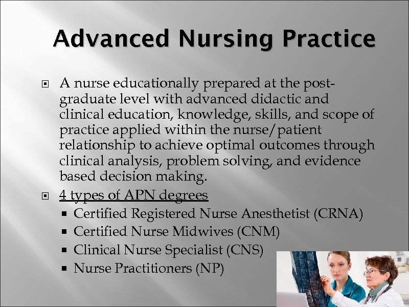 Advanced Nursing Practice A nurse educationally prepared at the postgraduate level with advanced didactic