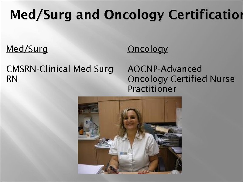 Med/Surg and Oncology Certification Med/Surg CMSRN-Clinical Med Surg RN Oncology AOCNP-Advanced Oncology Certified Nurse