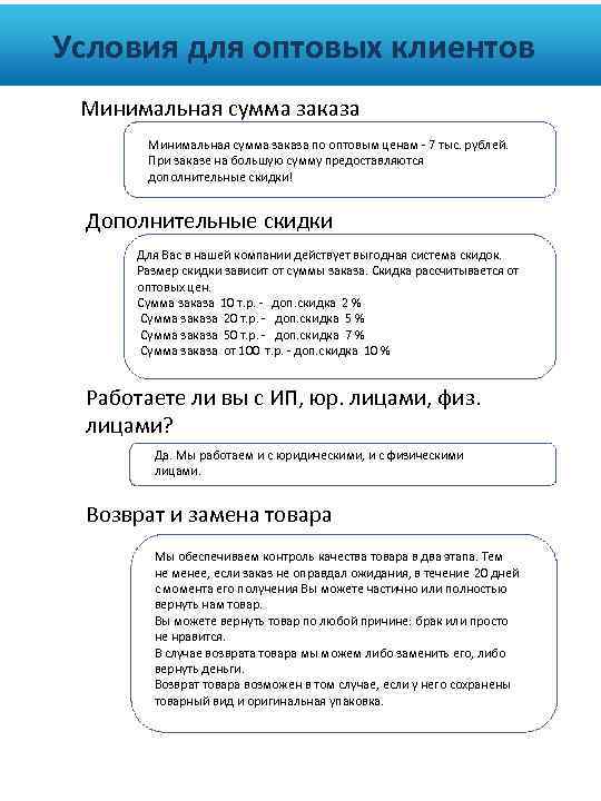 Условия для оптовых клиентов Минимальная сумма заказа по оптовым ценам - 7 тыс. рублей.