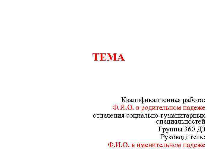 ТЕМА Квалификационная работа: Ф. И. О. в родительном падеже отделения социально-гуманитарных специальностей Группы 360