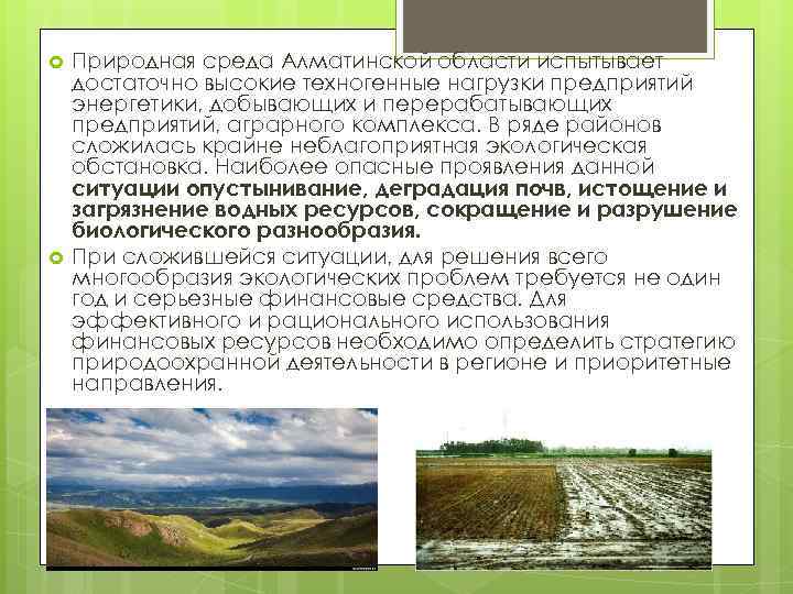  Природная среда Алматинской области испытывает достаточно высокие техногенные нагрузки предприятий энергетики, добывающих и