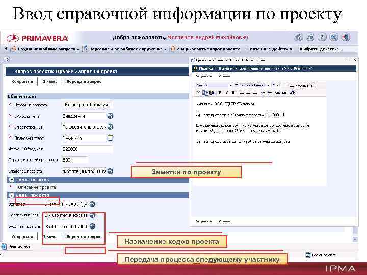 Ввод справочной информации по проекту Заметки по проекту Назначение кодов проекта 161 Передача процесса