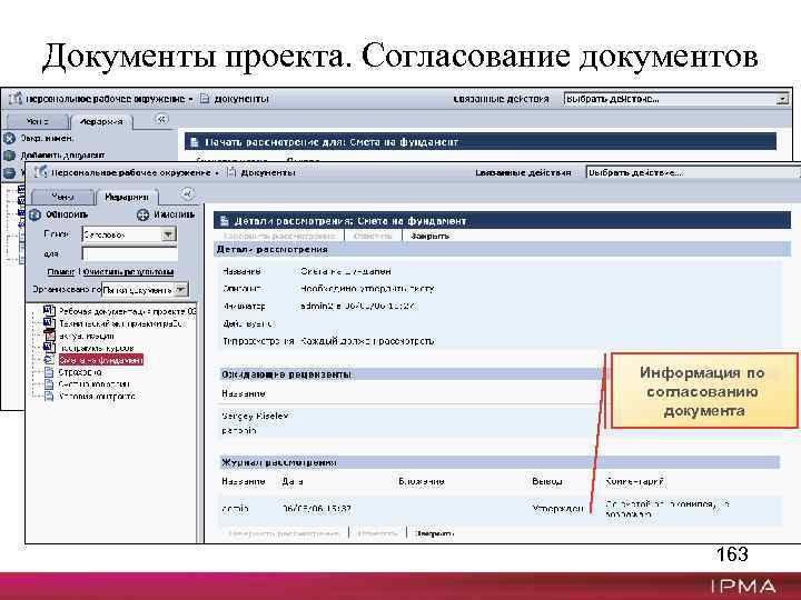 Документы проекта. Согласование документов Перечень рецензентов Информация по согласованию документа 163 