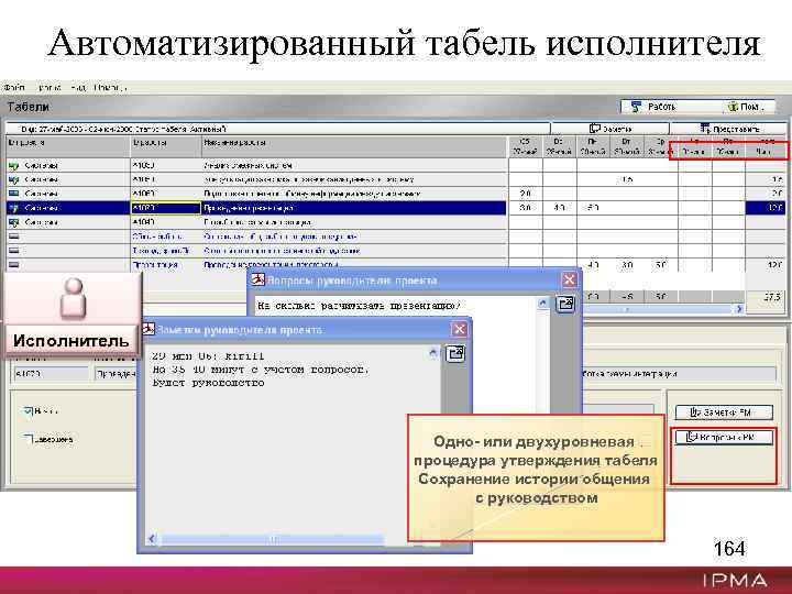 Автоматизированный табель исполнителя Исполнитель Одно- или двухуровневая процедура утверждения табеля Сохранение истории общения с