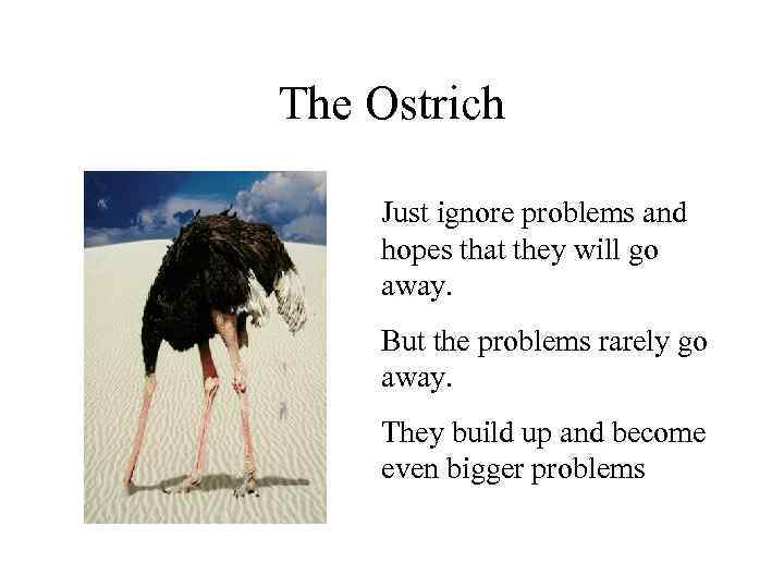 The Ostrich Just ignore problems and hopes that they will go away. But the