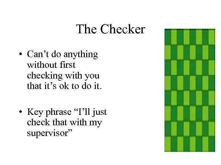 The Checker • Can’t do anything without first checking with you that it’s ok