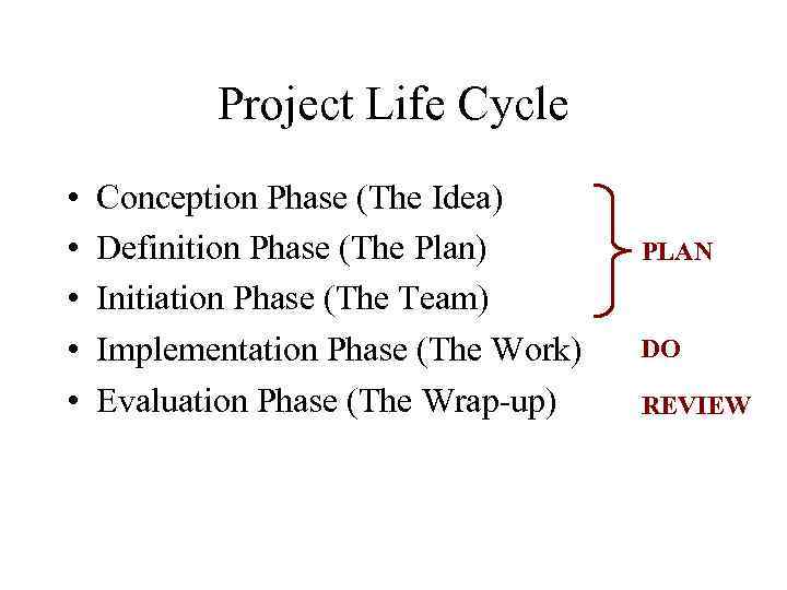 Project Life Cycle • • • Conception Phase (The Idea) Definition Phase (The Plan)