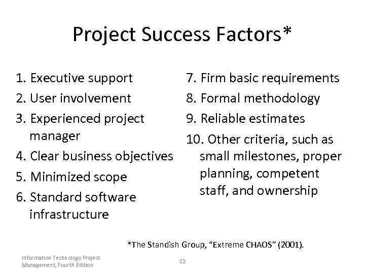 Project Success Factors* 1. Executive support 2. User involvement 3. Experienced project manager 4.