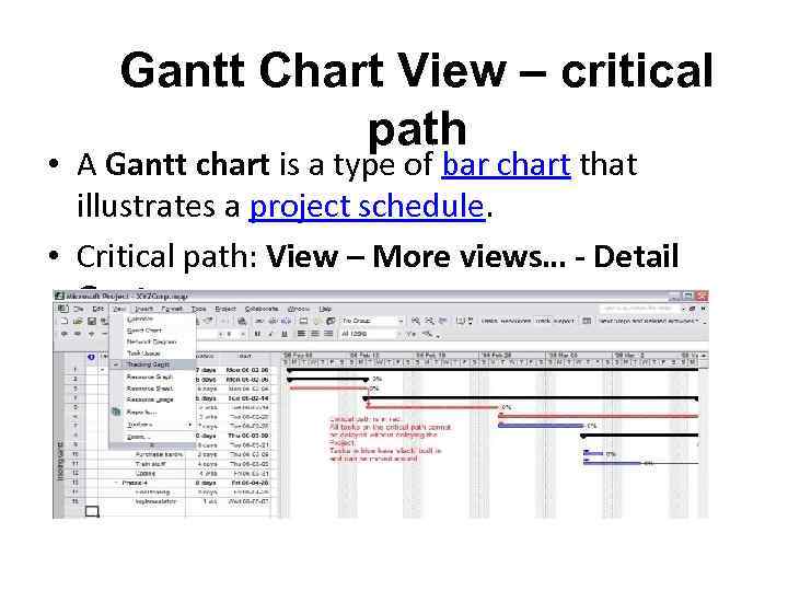 Gantt Chart View – critical path • A Gantt chart is a type of