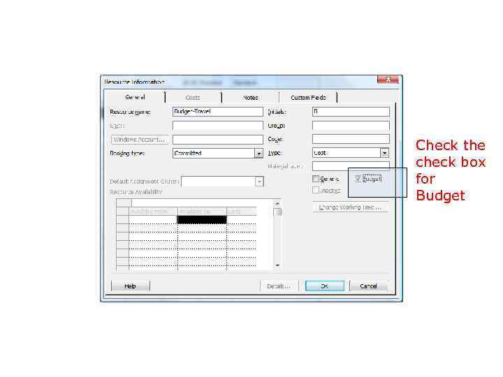 Check the check box for Budget 